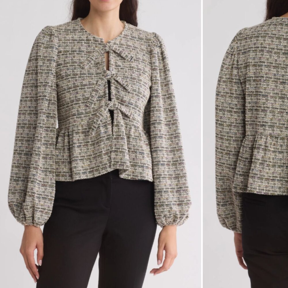 Tie Front Long Sleeve Tweed Top- MEDIUM